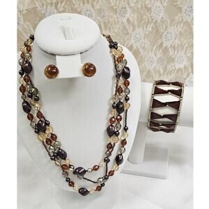 Vintage Brown & Gold Tone Multi-Strand Beaded Necklace, Earring & Bracelet Set